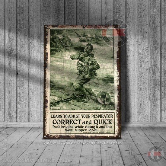 World War Propaganda Vintage Metal Print 017, Learn to Adjust Your Respirator, Propaganda Print
