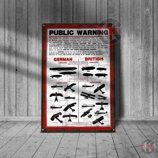 World War Propaganda Vintage Metal Print 026, Airship and Aeroplane Public Warning, Propaganda Print